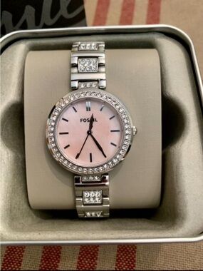 Fossil Silver Watch with Pink Mother-of-Pearl Dial and Crystal Accents